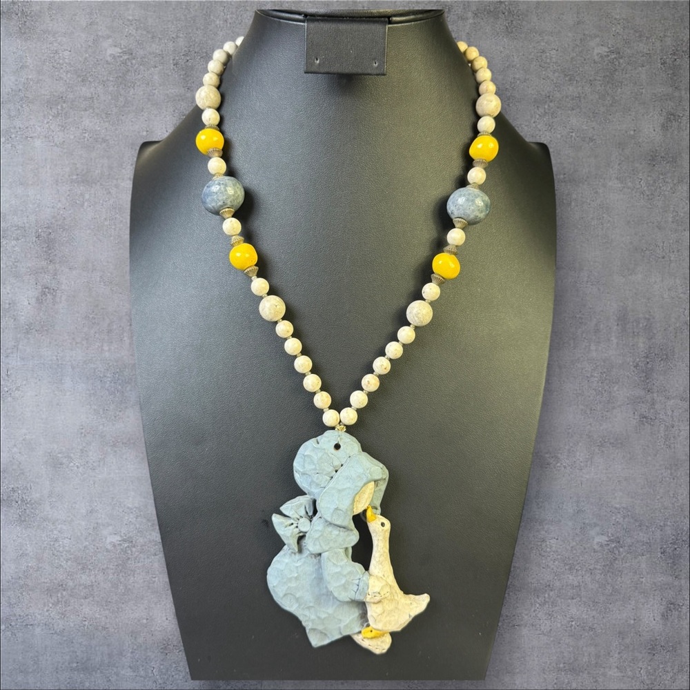 267. Vintage Beaded Necklace‎ w/ Painted Mother Goose Pendant Ceramic Stone
